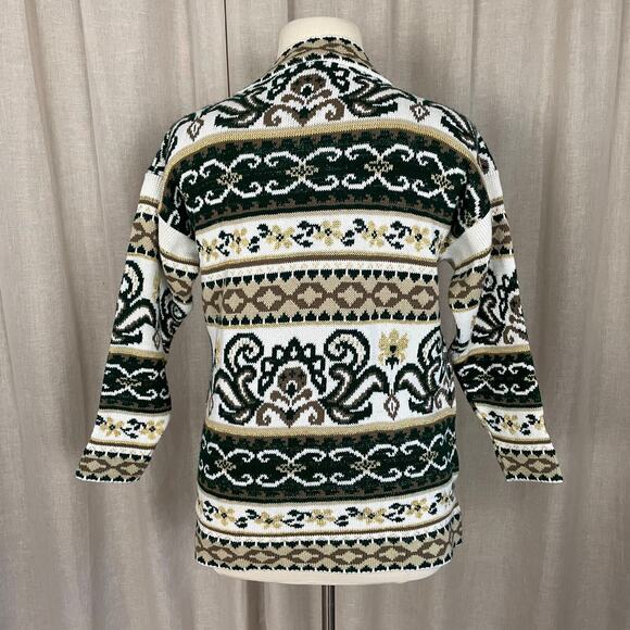 Vintage Sweater Womens Size Large White Green Brocade Mock Neck Knit 80s 90s - Picture 7 of 11